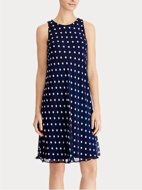 Ralph Lauren Navy Polka Dot Sleeveless A-Line Swing Dress 10